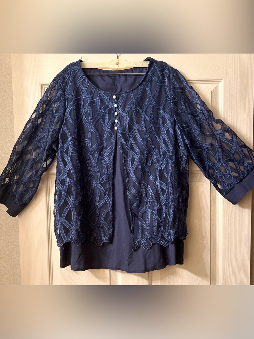 Elegant Lace Overlay Tunic Layered Mesh 3/4 Sleeve Top Navy 1XL - Picture 6 of 8